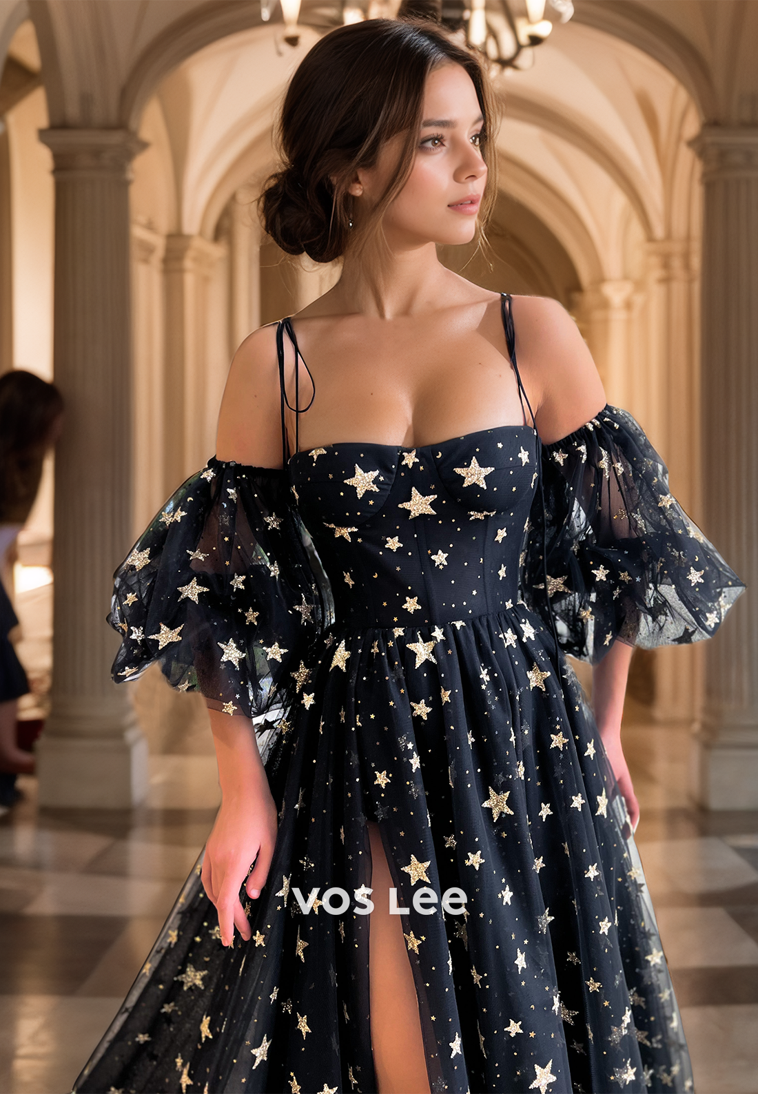 A-Line Off-Shoulder Tulle Prom Dress Charming Floor Length Night Party Gown with High Slit