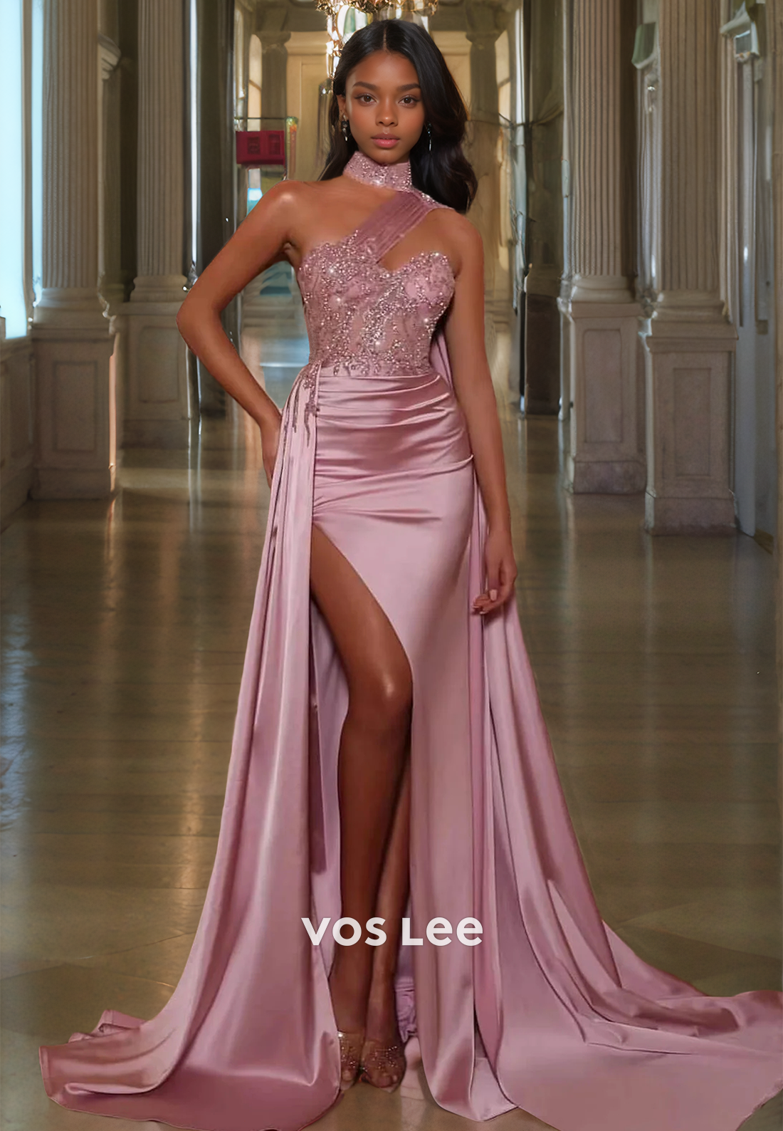 A-Line Flamingo Sweetheart Satin Party Dresses Floor Length Sleeveless Prom Dress with High Slit