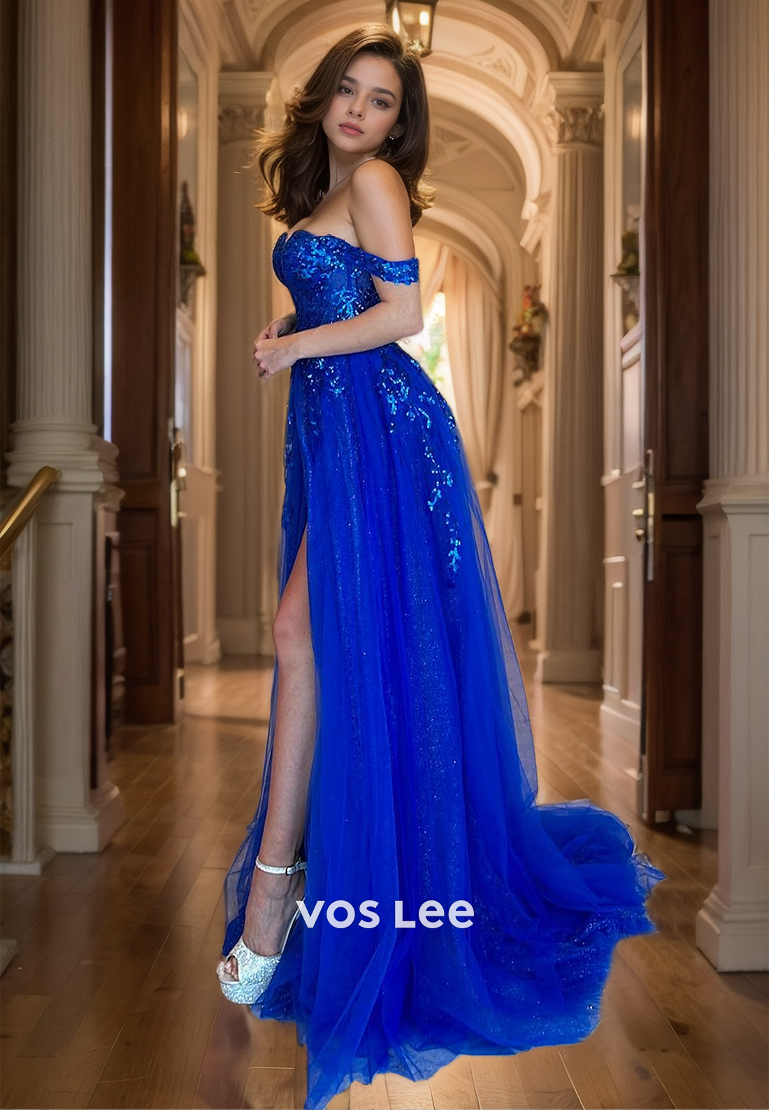 Fancy Sweetheart Royal Blue A-Line Prom Gown Tulle Off-Shoulder Floor Length Party Dress