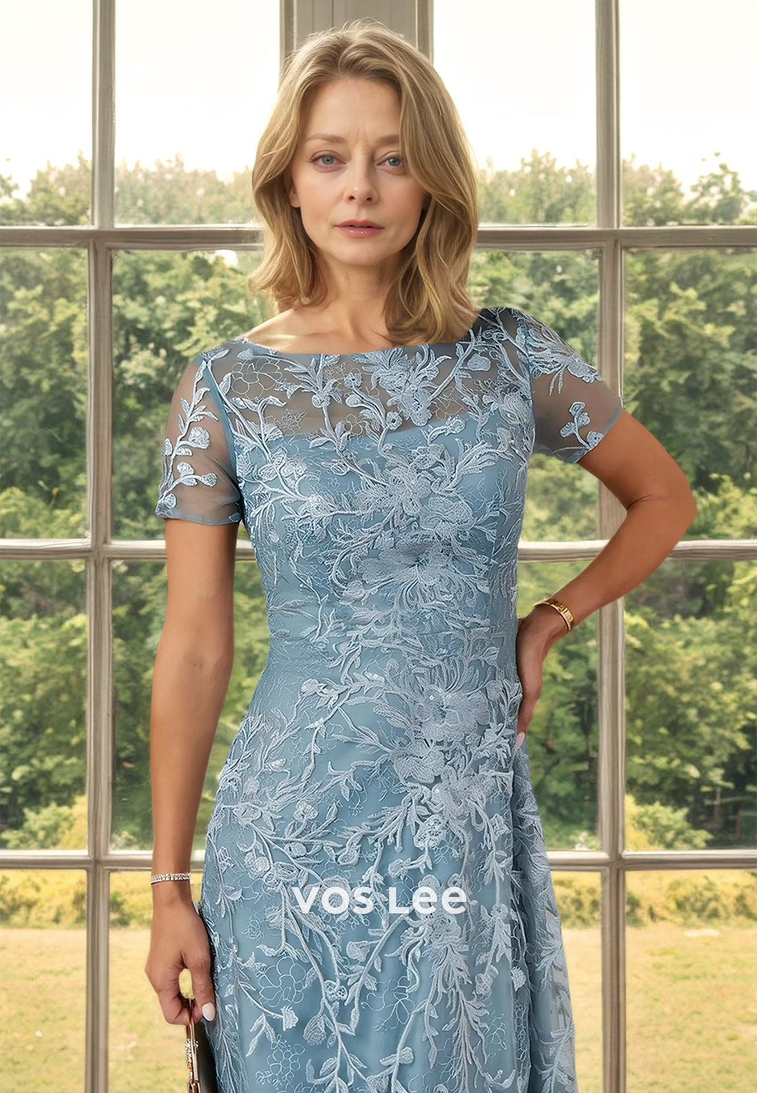 Graceful Bateau Sheath Lace Appliques Short Sleeves Mother of the Bride Dress