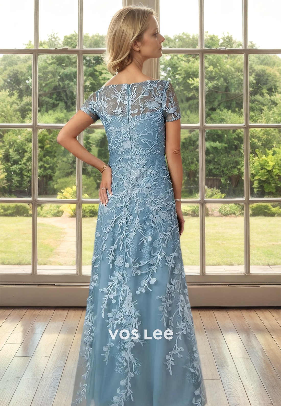 Graceful Bateau Sheath Lace Appliques Short Sleeves Mother of the Bride Dress