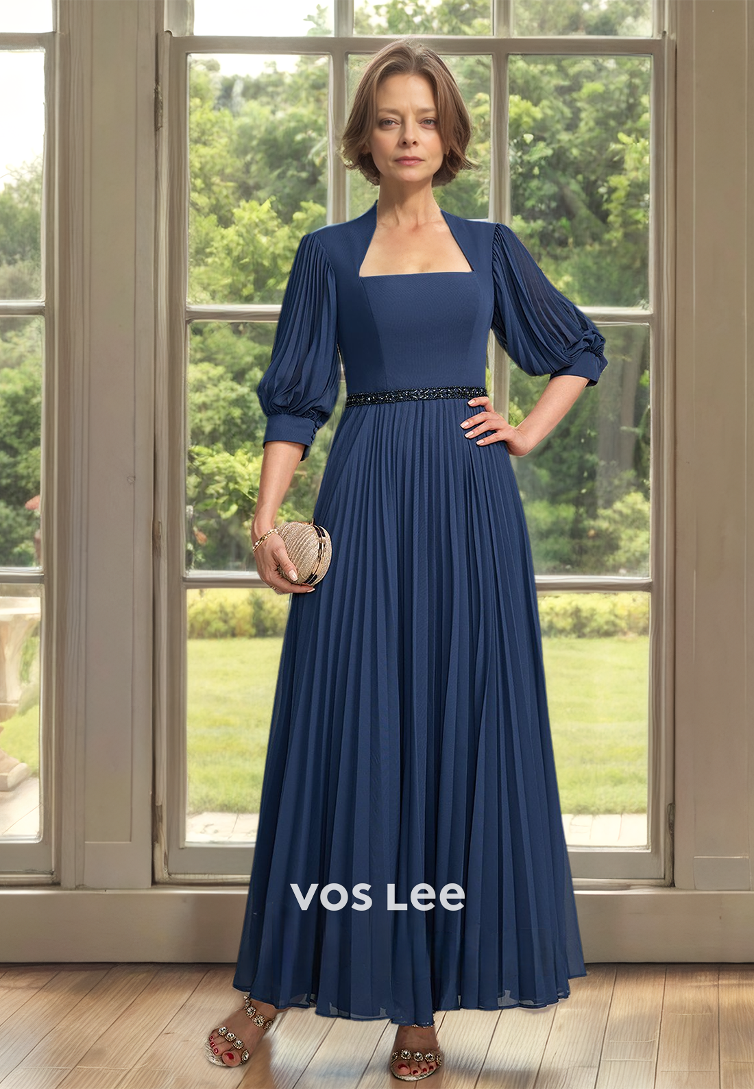 Unique Square A-Line Half Sleeves Pleated Long Mother of the Bride Dress