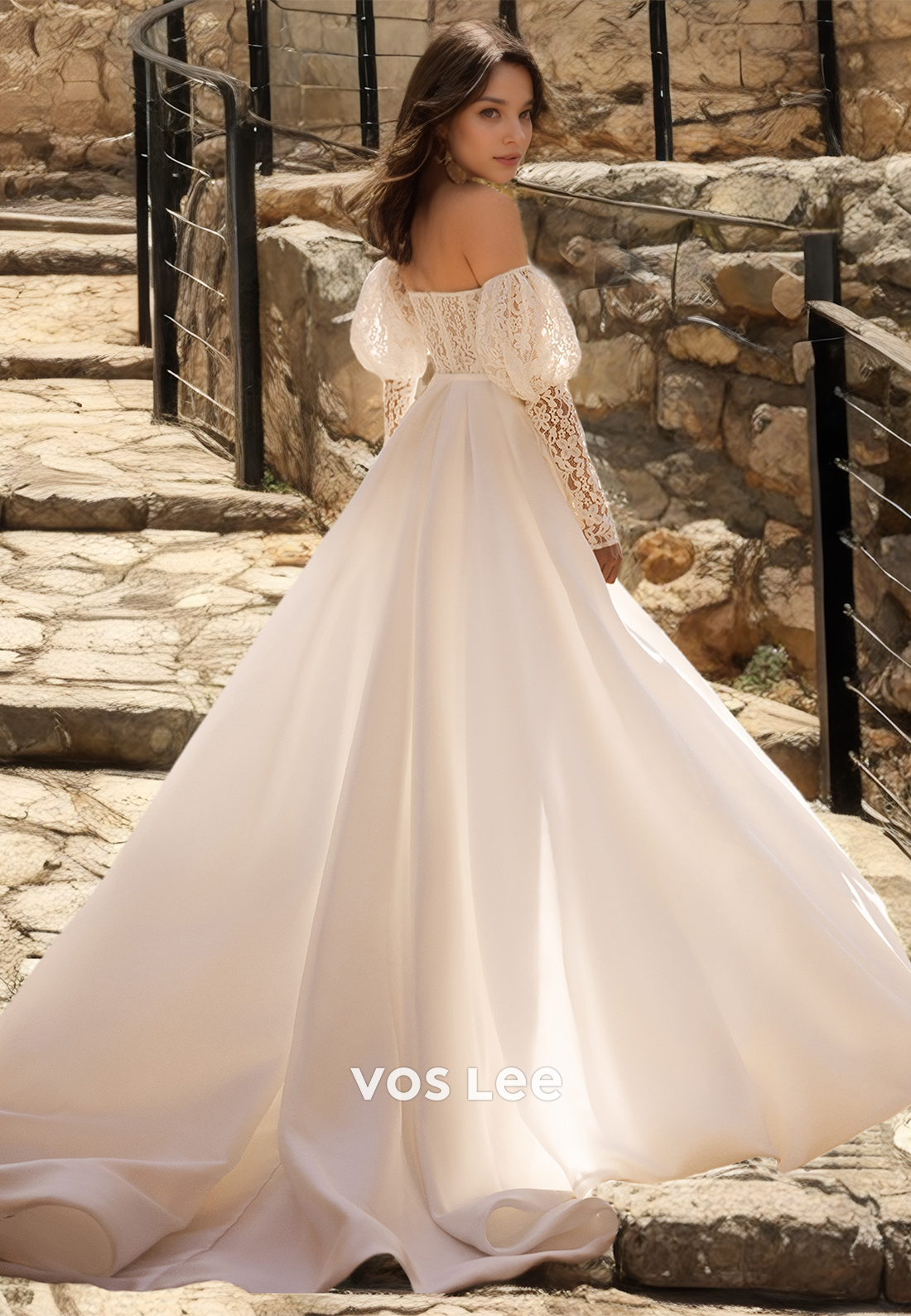Unique Column Off Shoulder Puff Sleeves Lace Appliques Side Split Pleated Wedding Dress