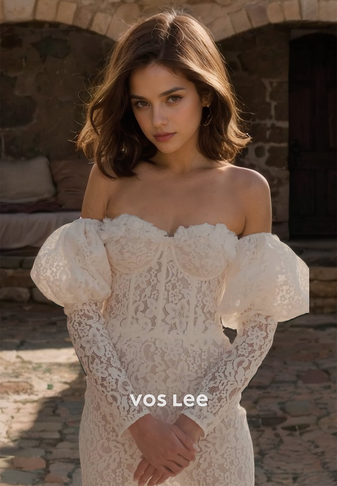 Unique Column Off Shoulder Puff Sleeves Lace Appliques Side Split Pleated Wedding Dress