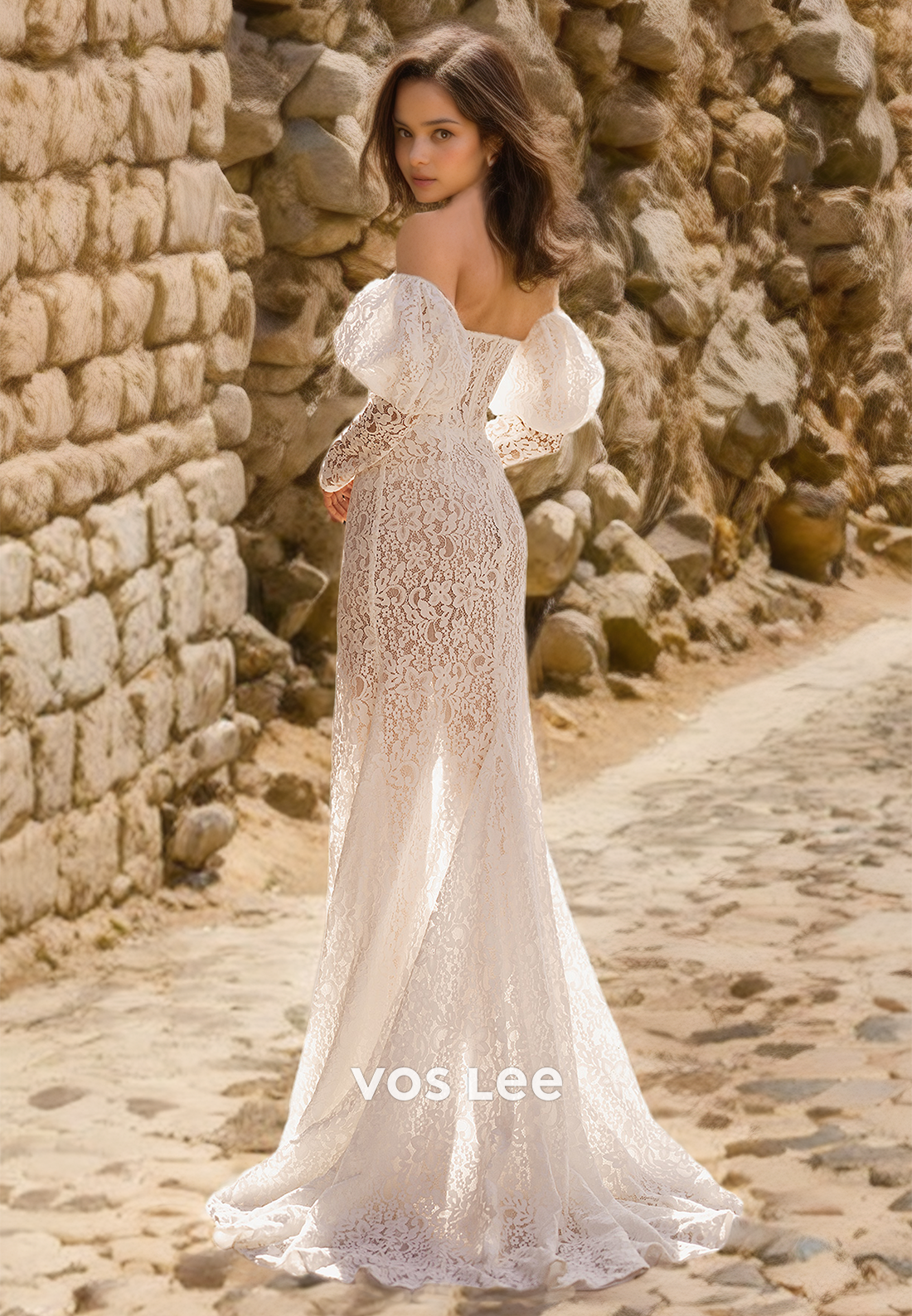 Unique Column Off Shoulder Puff Sleeves Lace Appliques Side Split Pleated Wedding Dress