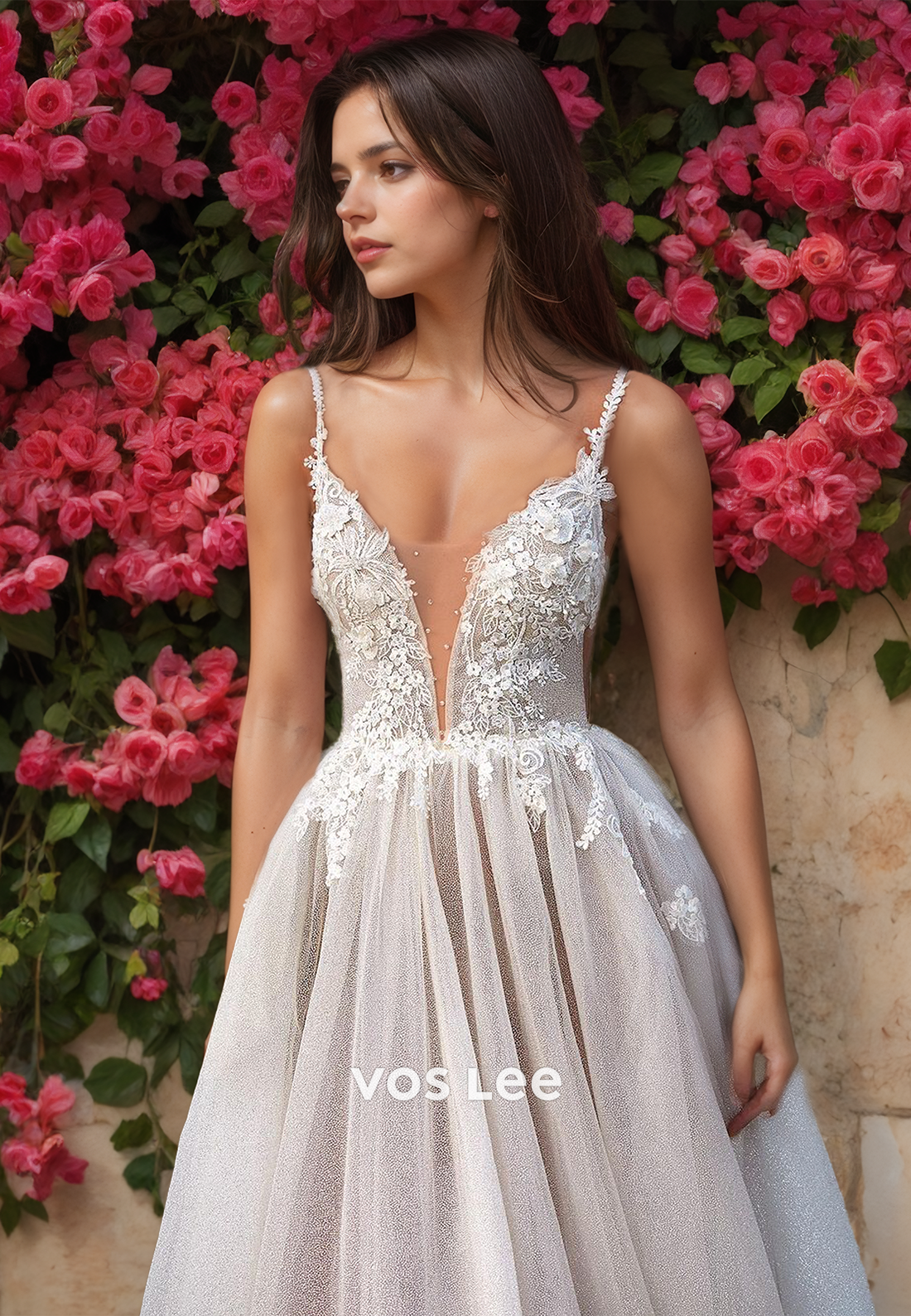 Graceful Spaghetti Straps A-Line V Neck Backless Sequins Lace Appliques Tulle Wedding Gown