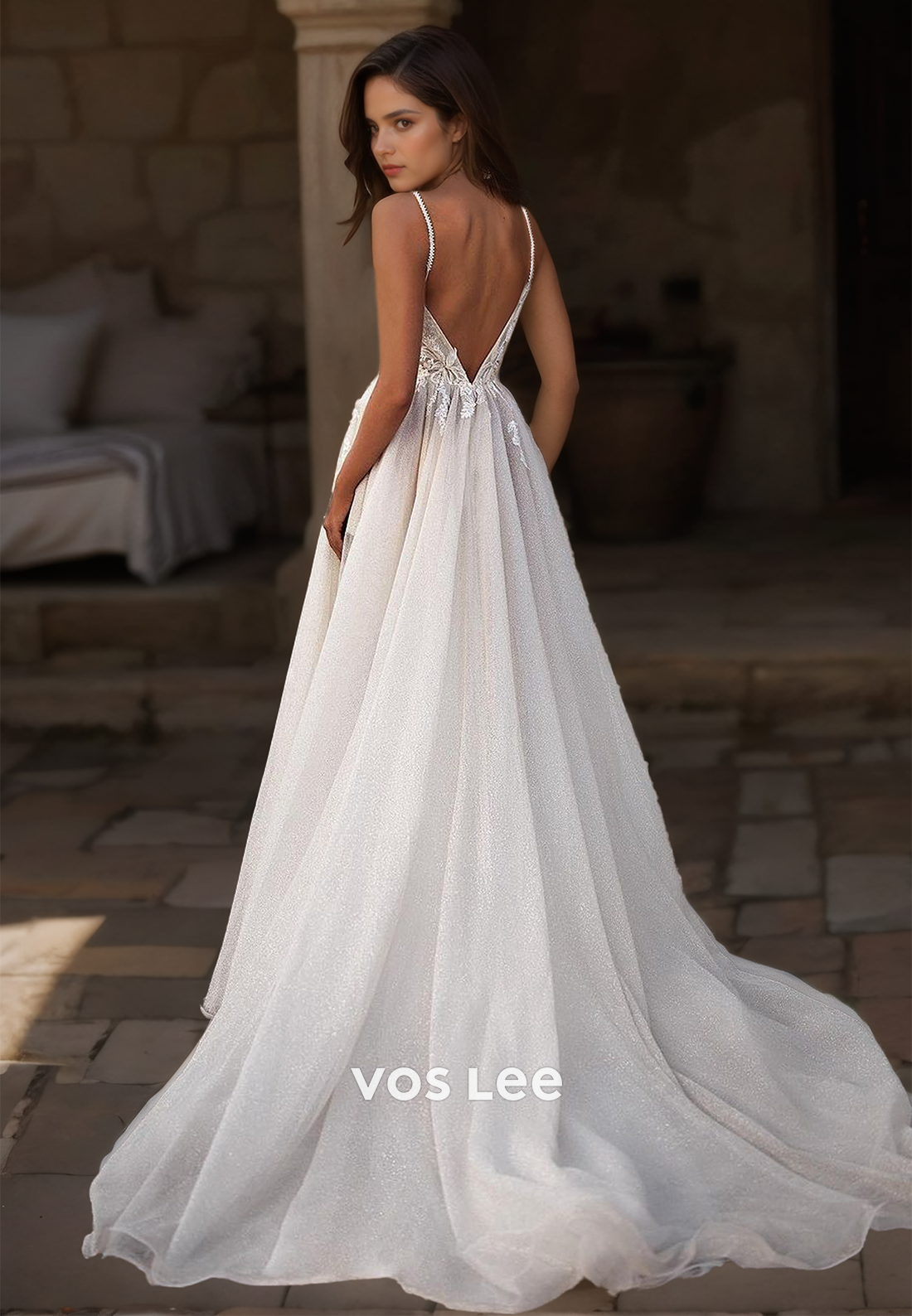 Graceful Spaghetti Straps A-Line V Neck Backless Sequins Lace Appliques Tulle Wedding Gown