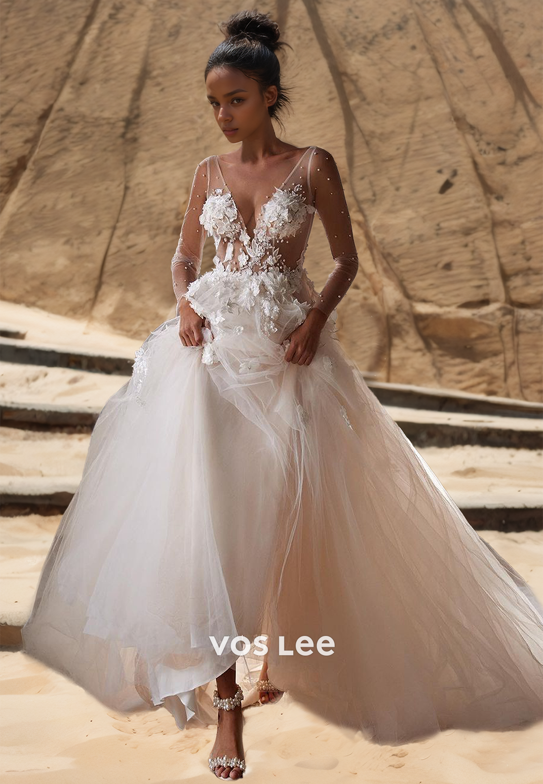Charming Plunging V Neck Illusion Backless A-Line Beaded Court Train Wedding Bride Dress