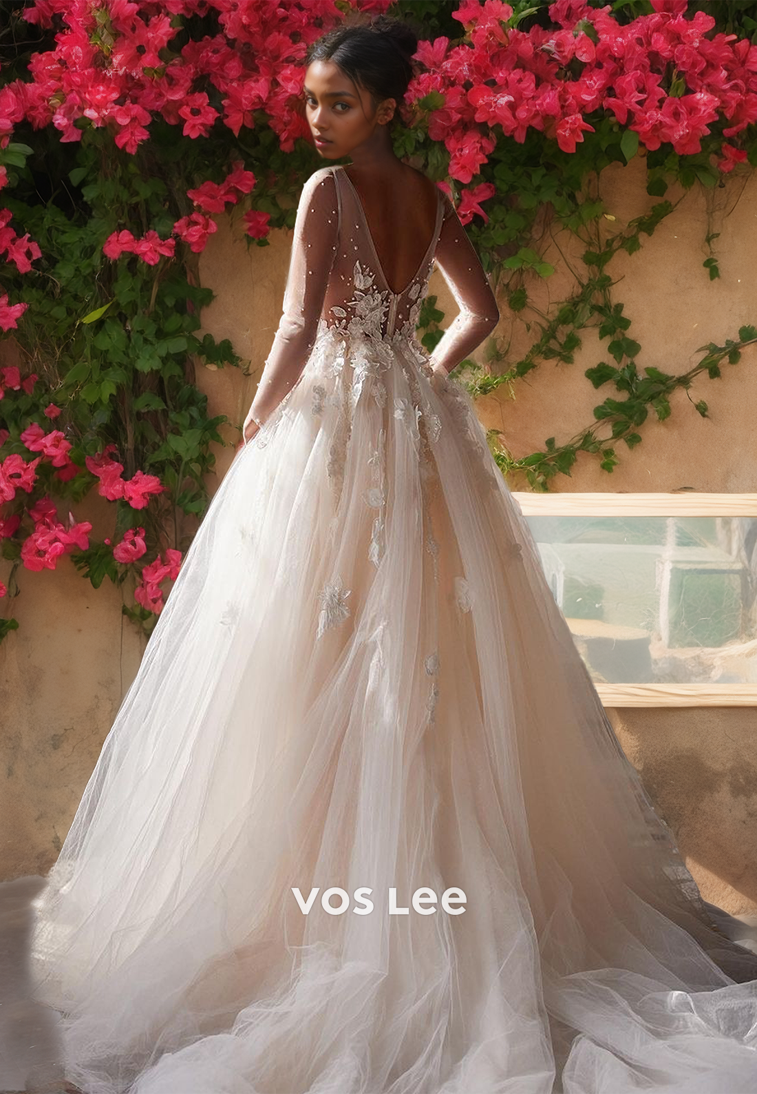 Charming Plunging V Neck Illusion Backless A-Line Beaded Court Train Wedding Bride Dress
