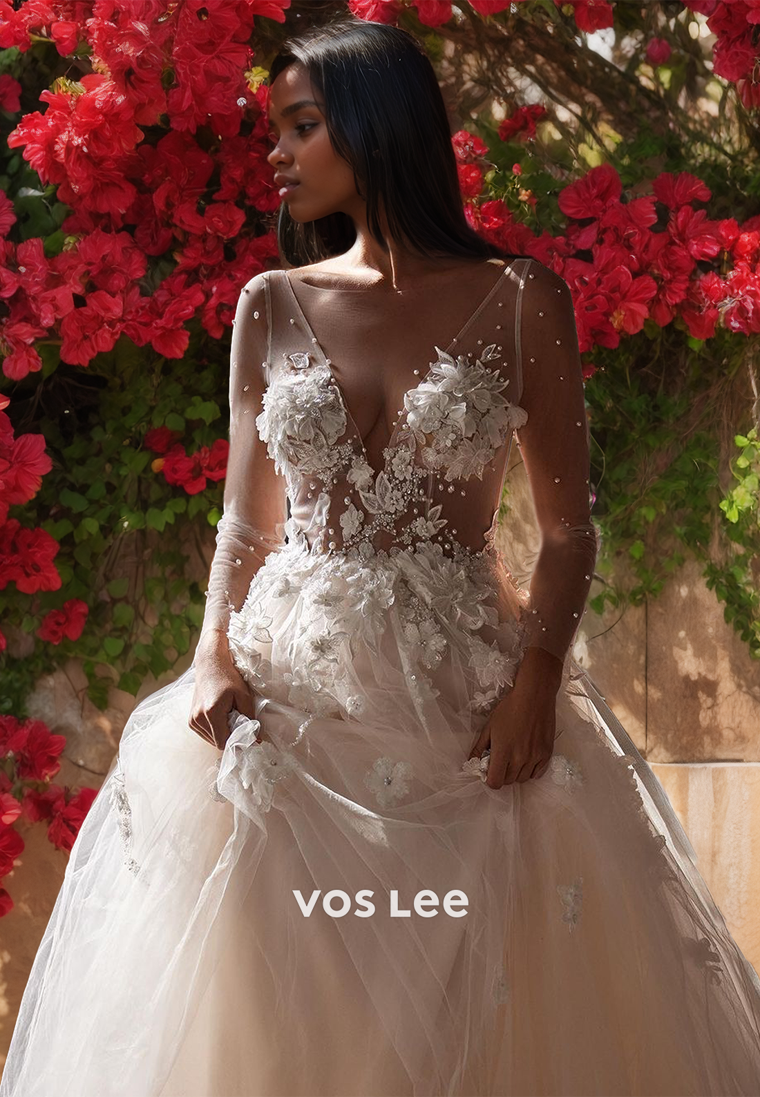 Charming Plunging V Neck Illusion Backless A-Line Beaded Court Train Wedding Bride Dress