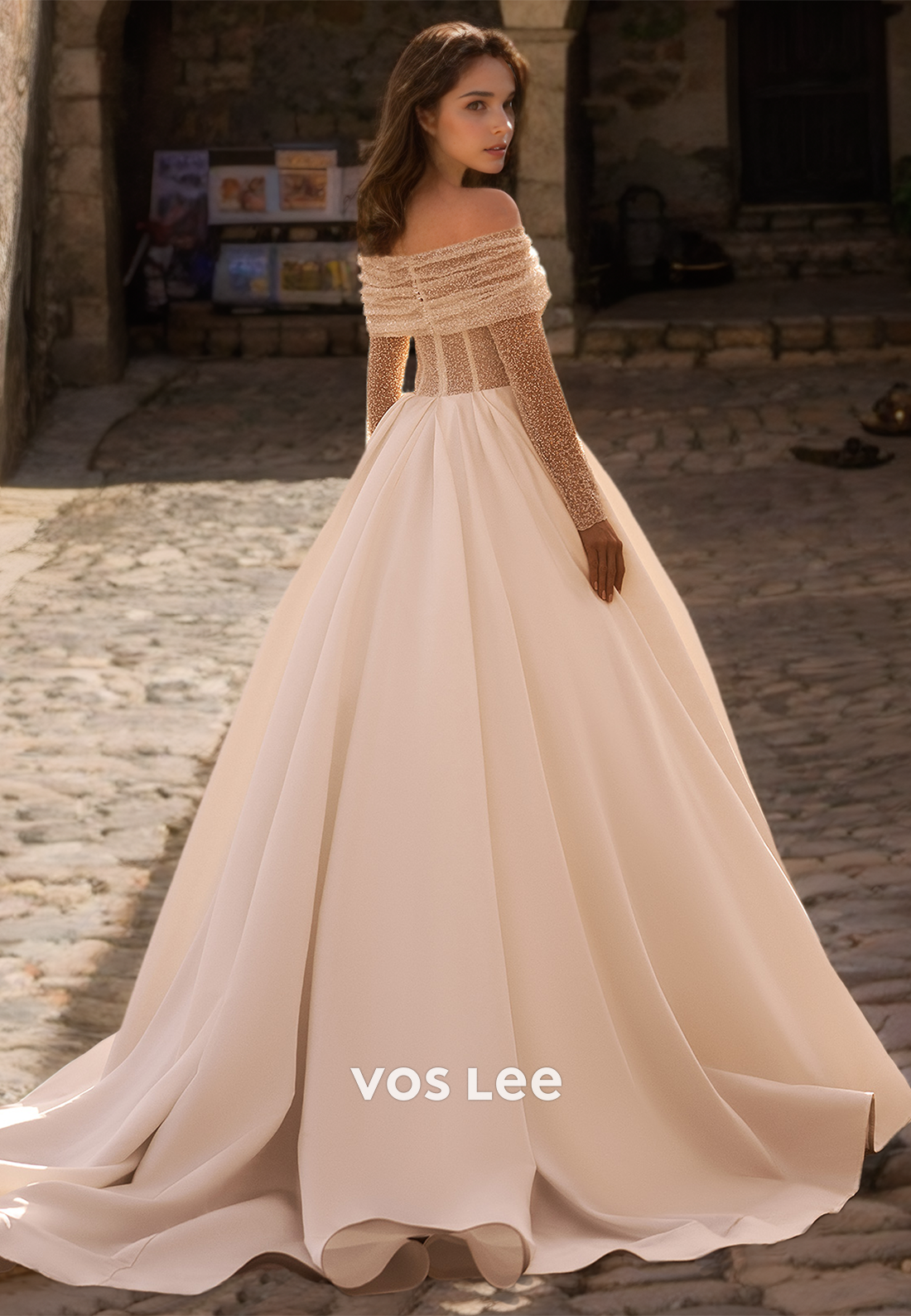 Gorgeous Off Shoulder A-Line Back Zipper Sequins Draped Court Train Satin Wedding Dress