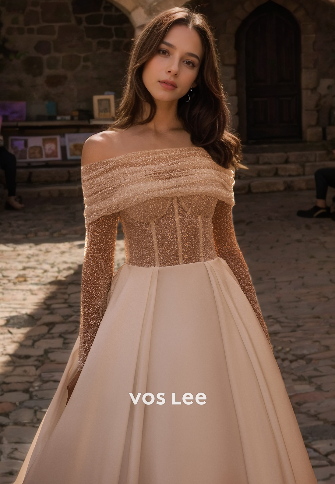Gorgeous Off Shoulder A-Line Back Zipper Sequins Draped Court Train Satin Wedding Dress