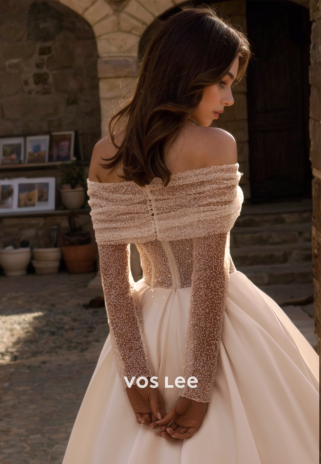 Gorgeous Off Shoulder A-Line Back Zipper Sequins Draped Court Train Satin Wedding Dress