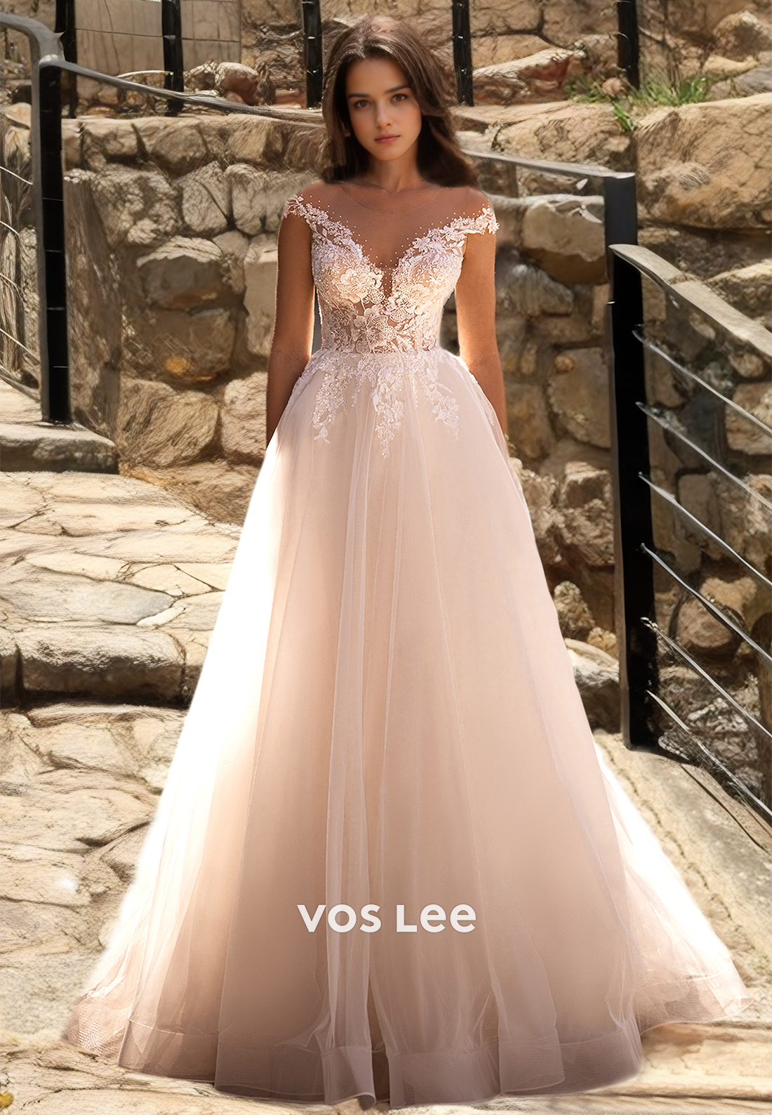 Graceful Plunging V Neck Illusion A-Line Lace Appliques Court Train Zipper Tulle Wedding Dress