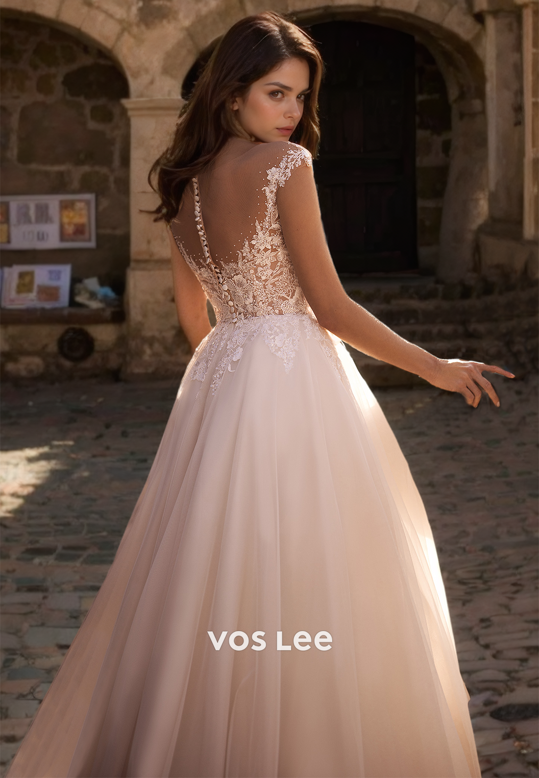 Graceful Plunging V Neck Illusion A-Line Lace Appliques Court Train Zipper Tulle Wedding Dress