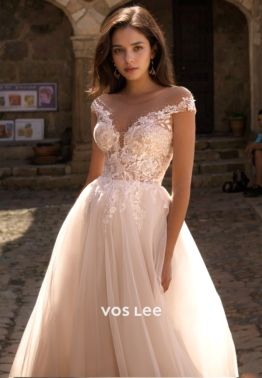 Graceful Plunging V Neck Illusion A-Line Lace Appliques Court Train Zipper Tulle Wedding Dress