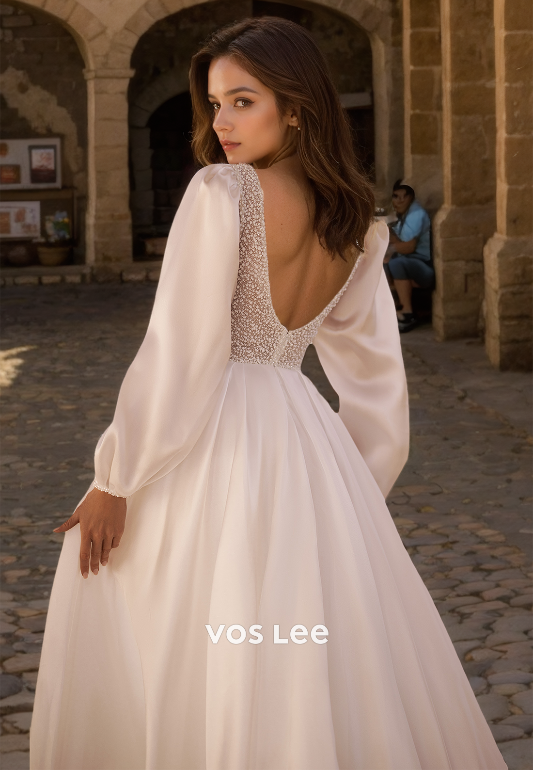 Sexy Deep V Neck Illusion Backless A-Line Long Sleeves Beaded Lace Appliques Satin Wedding Dress
