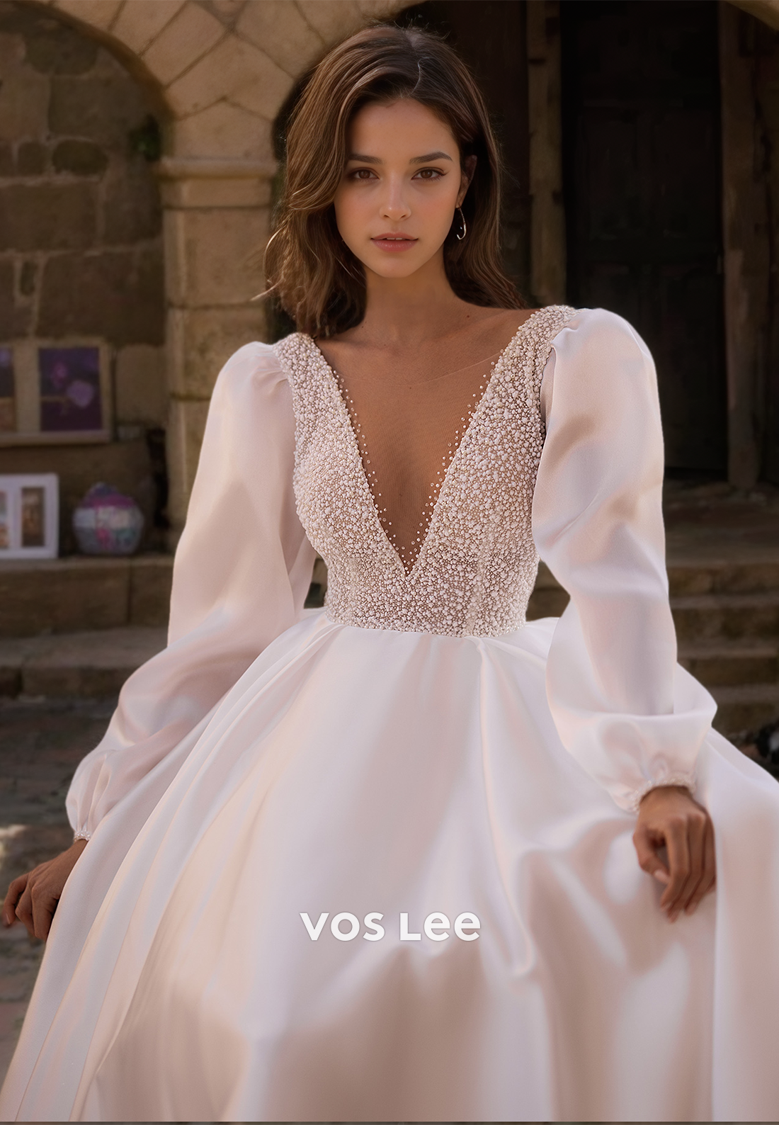 Sexy Deep V Neck Illusion Backless A-Line Long Sleeves Beaded Lace Appliques Satin Wedding Dress