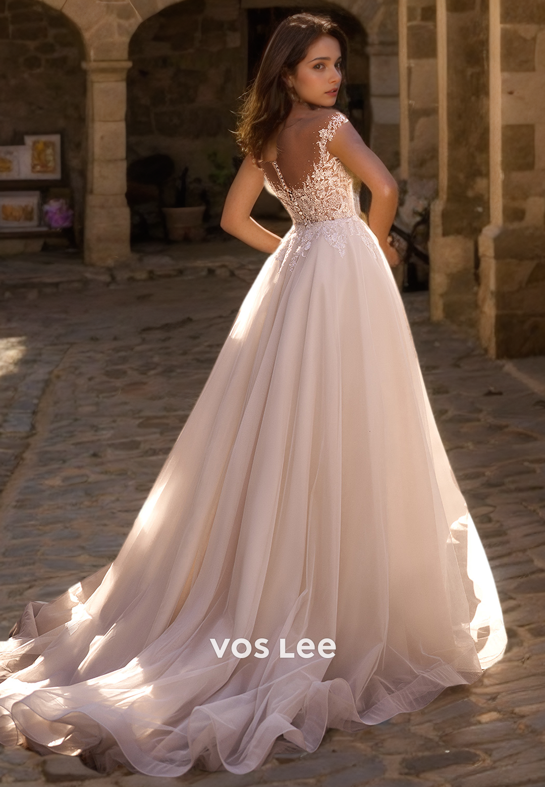 Graceful Plunging V Neck Illusion A-Line Lace Appliques Court Train Zipper Tulle Wedding Dress