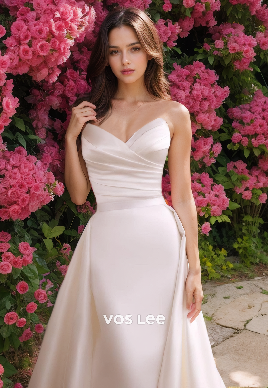 Graceful V Neck Backless A-Line Pleated Court Train Sleeveless Satin Wedding Gown