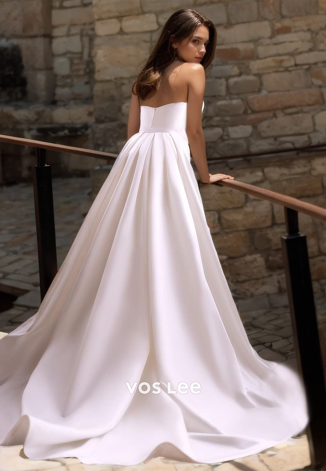Graceful V Neck Backless A-Line Pleated Court Train Sleeveless Satin Wedding Gown