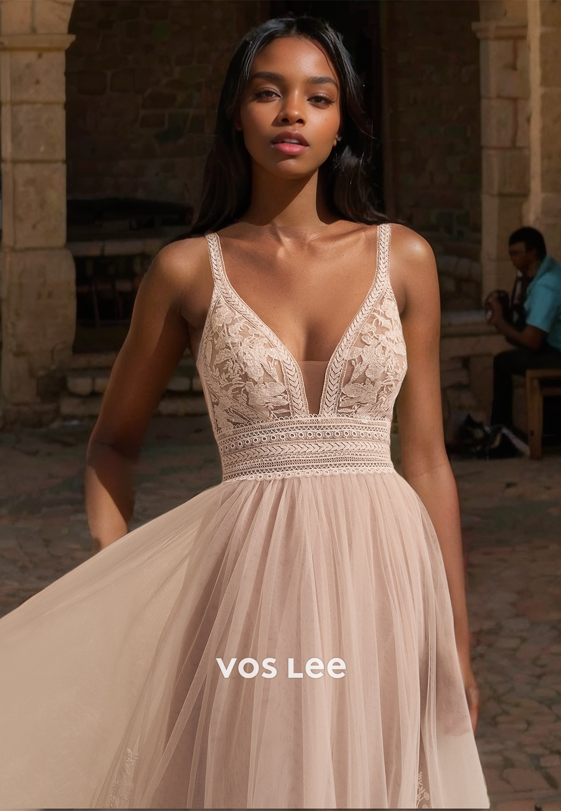 Vintage A-Line Deep V Neck Spaghetti Straps Backless Lace Appliques Pleated Tulle Wedding Gown