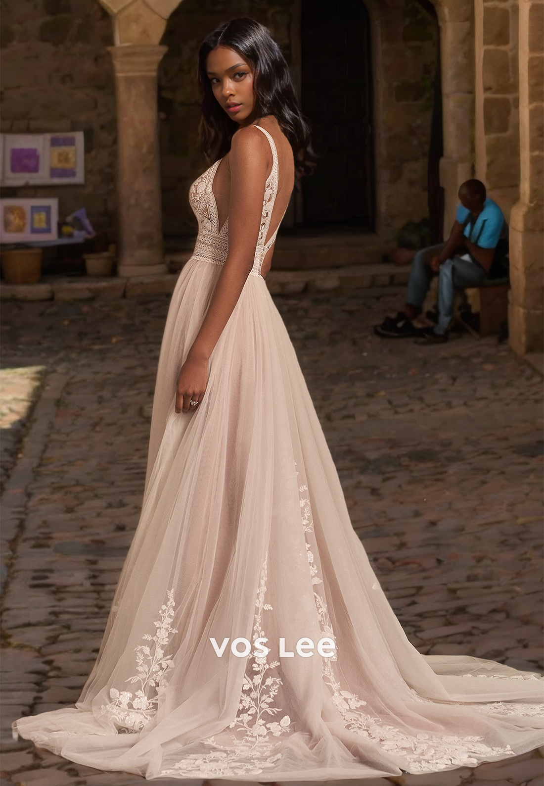 Vintage A-Line Deep V Neck Spaghetti Straps Backless Lace Appliques Pleated Tulle Wedding Gown