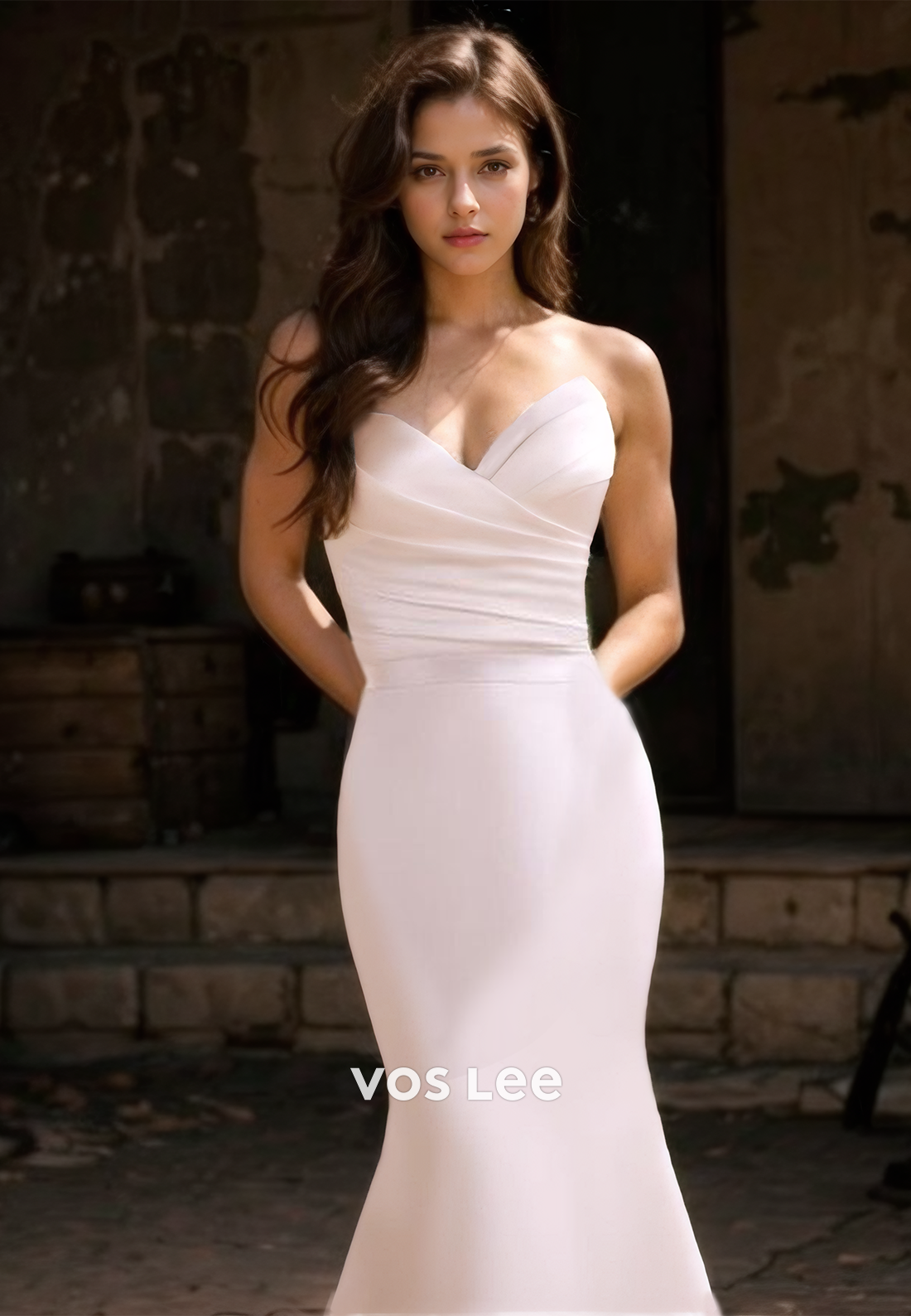 Graceful V Neck Backless A-Line Pleated Court Train Sleeveless Satin Wedding Gown