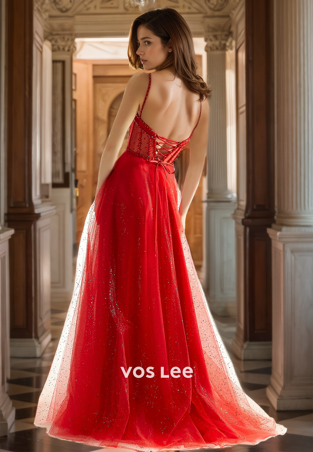 A-Line Sweetheart Beaded Lace-up Ruched High Split Prom Foral Dress Glitter