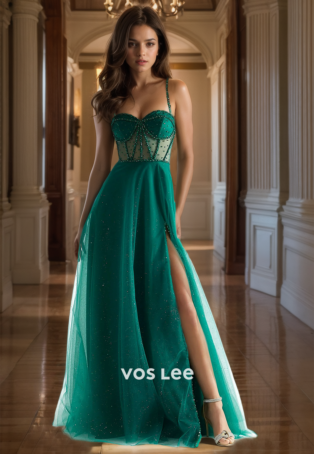 A-Line Sweetheart Beaded Lace-up Ruched High Split Prom Foral Dress Glitter