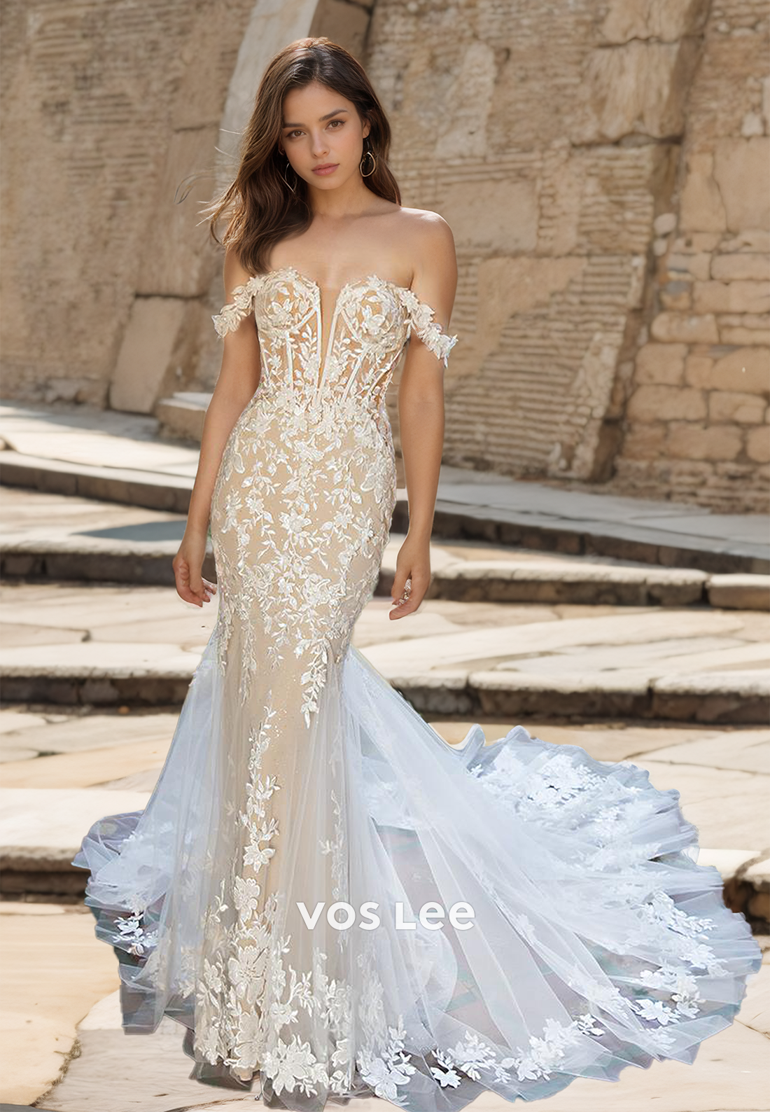 Ornate Off Shoulder Sleeveless Mermaid Sheath Lace Appliques Court Train Tulle Wedding Dress Glitter