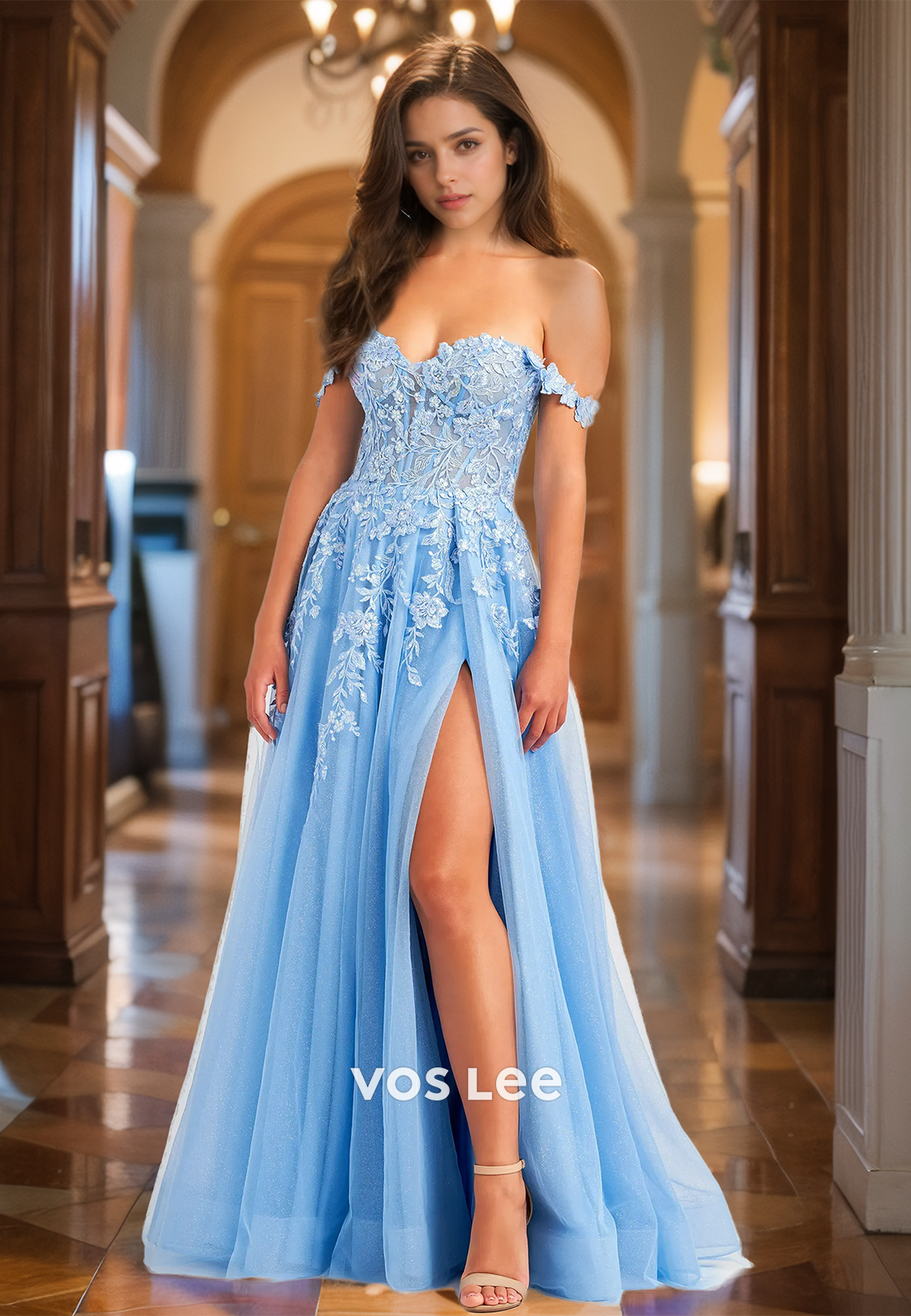 Graceful Off Shoulder Lace Appliques Sweetheart Sleeveless Floor Length Tulle Prom Formal Dress