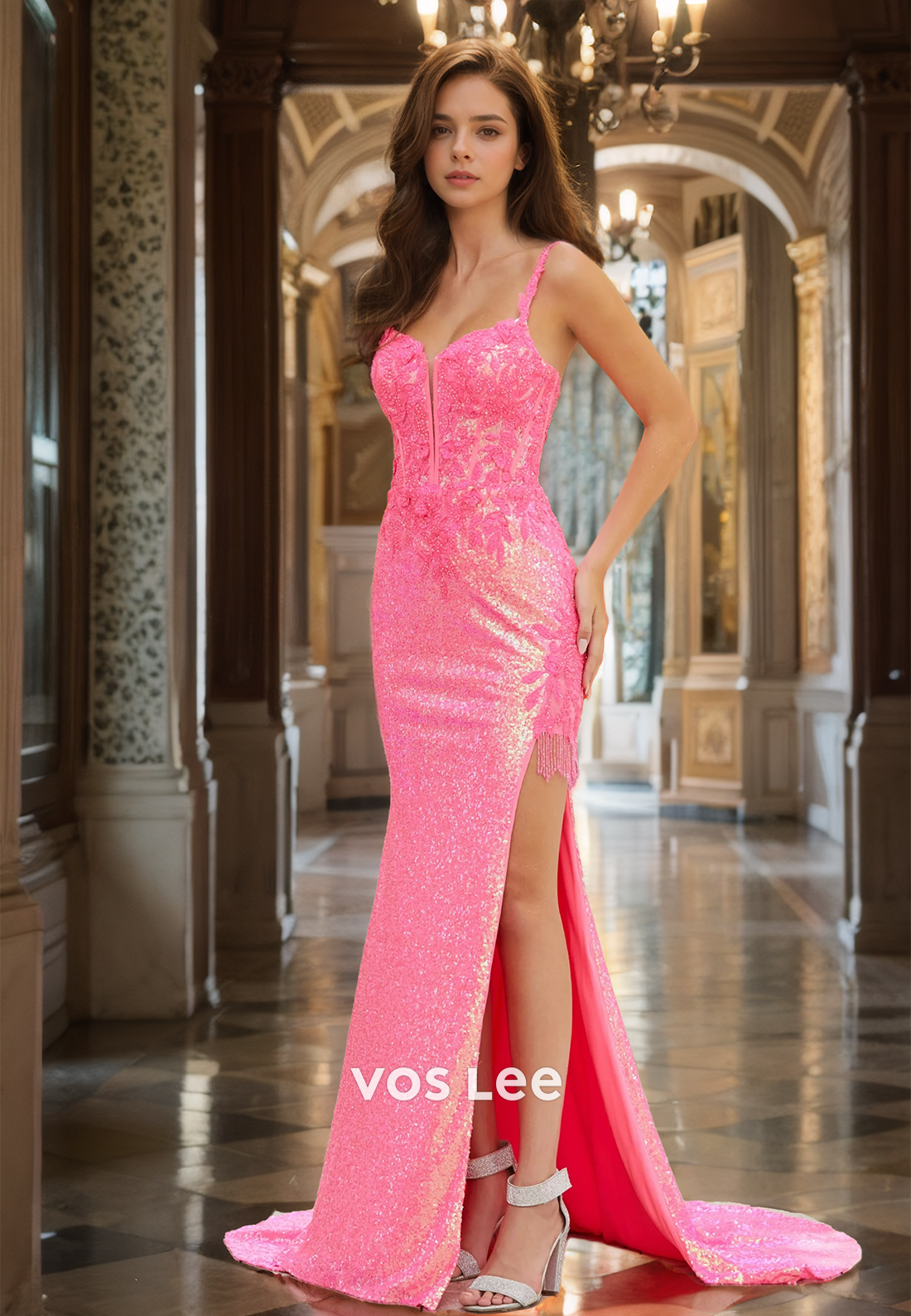 Sparkly V Neck Sleeveless Column Spaghetti Straps Sequins Beaded Lace Up Prom Dress with Split