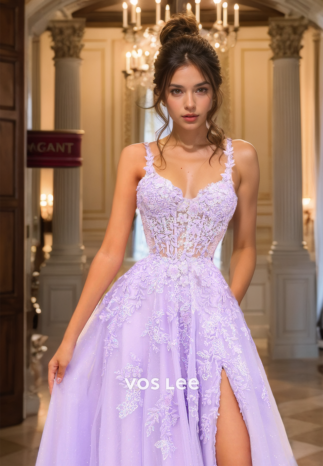 Gorgeous A-Line Sweetheart Backless Spaghetti Straps Sweep Train Pleated Lace Appliques Prom Formal Dress