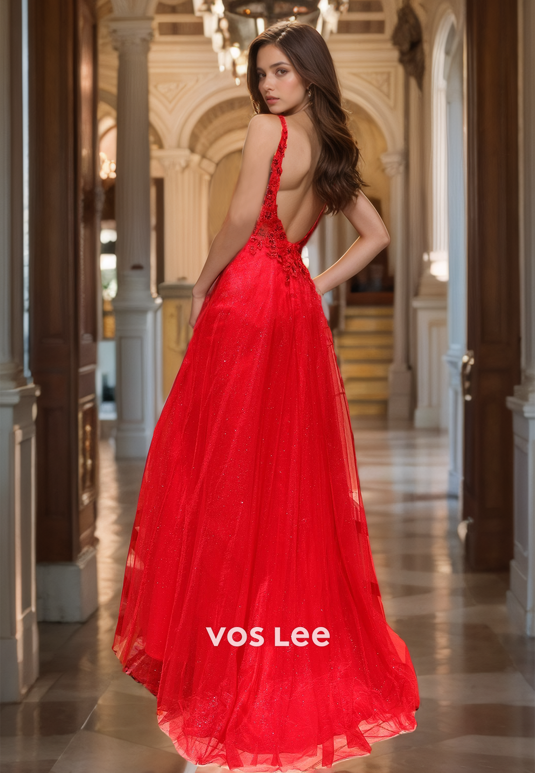 Luxury A-Line V Neck Spaghetti Straps Backless Lace Appliques Sequins Tulle Prom Dress Glitter