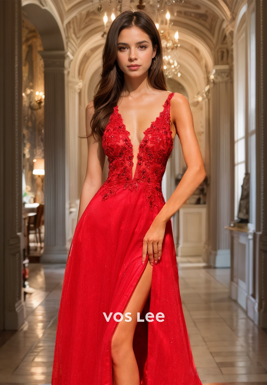 Luxury A-Line V Neck Spaghetti Straps Backless Lace Appliques Sequins Tulle Prom Dress Glitter