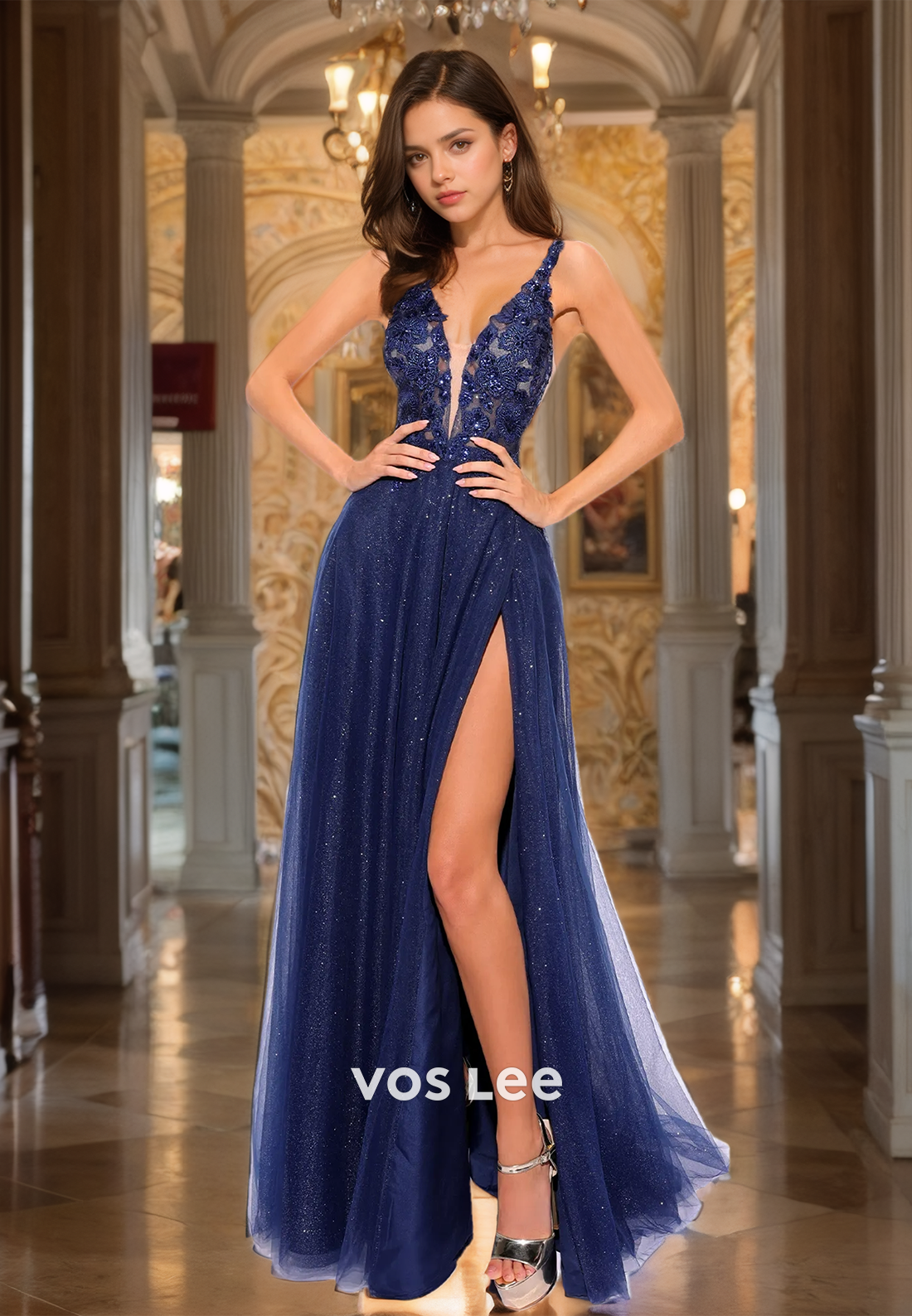 Luxury A-Line V Neck Spaghetti Straps Backless Lace Appliques Sequins Tulle Prom Dress Glitter