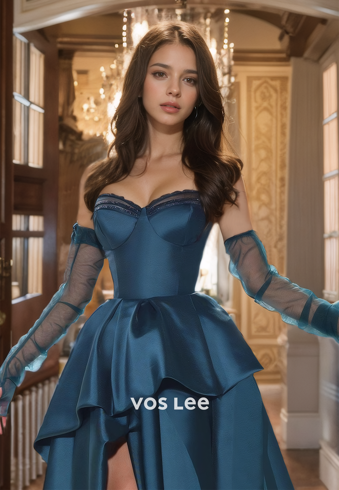 Graceful A-Line Sweetheart Long Sleeves Illusion Sweep Train Satin Prom Party Dress with Split