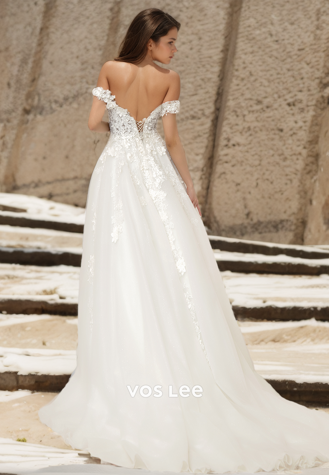 Elegant Off Shoulder A-Line Lace Appliques Tulle Draped Wedding Dress