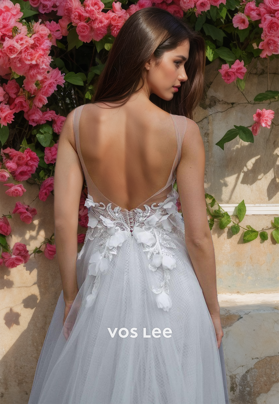 Charming A-Line Floral Embossed Side Split Plunging Illusion V-Neck Wedding Dress