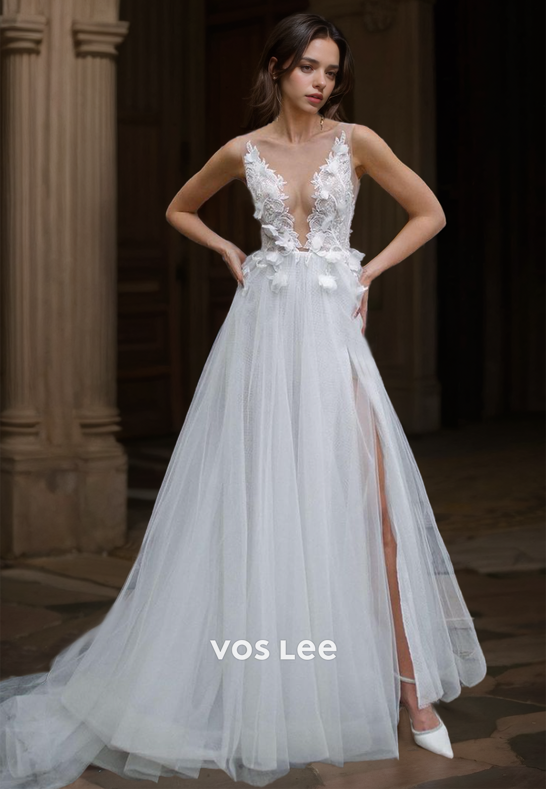 Charming A-Line Floral Embossed Side Split Plunging Illusion V-Neck Wedding Dress