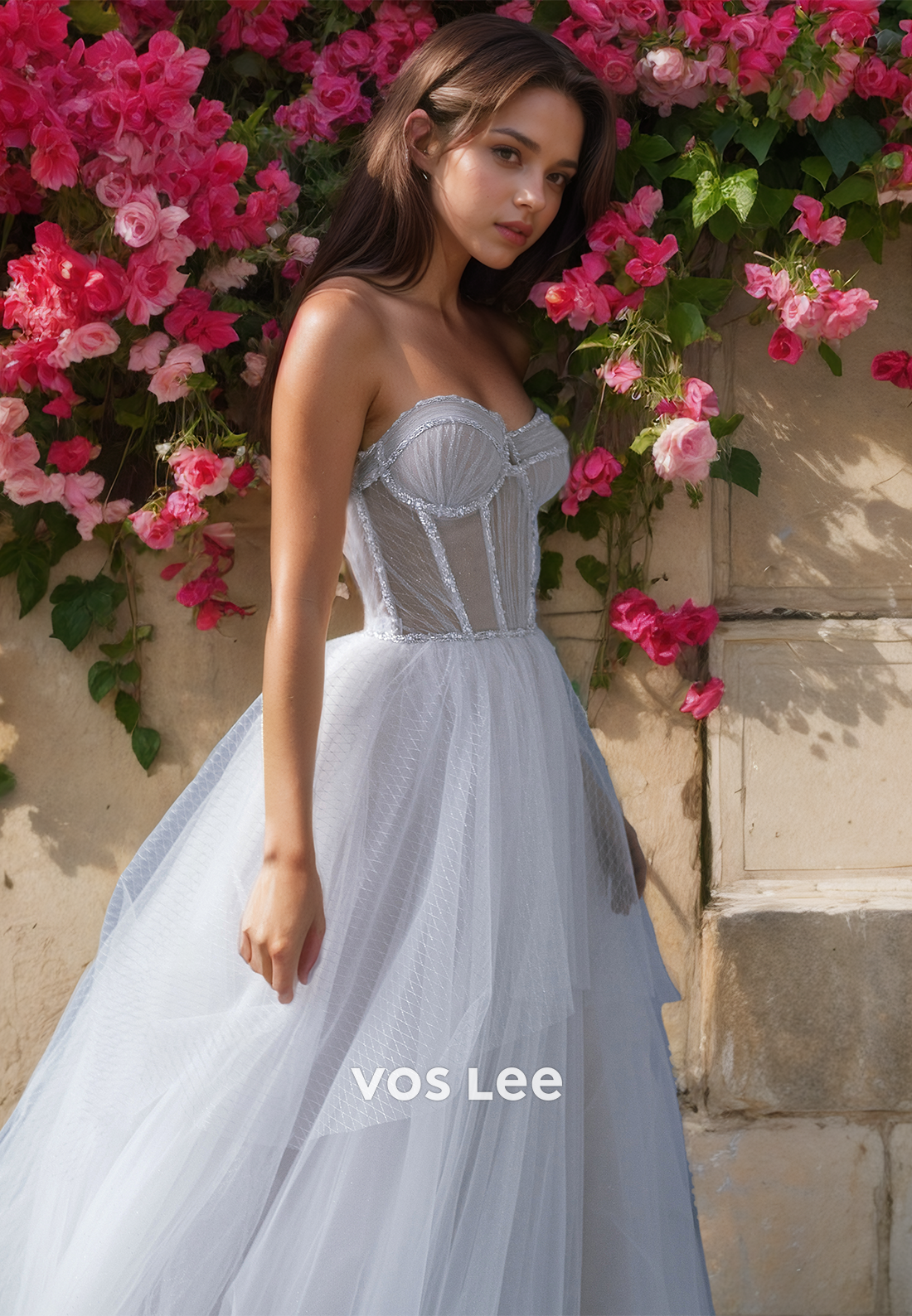 Graceful A-Line Off Shoulder Tulle Ruched Lace Up Wedding Dress Glitter