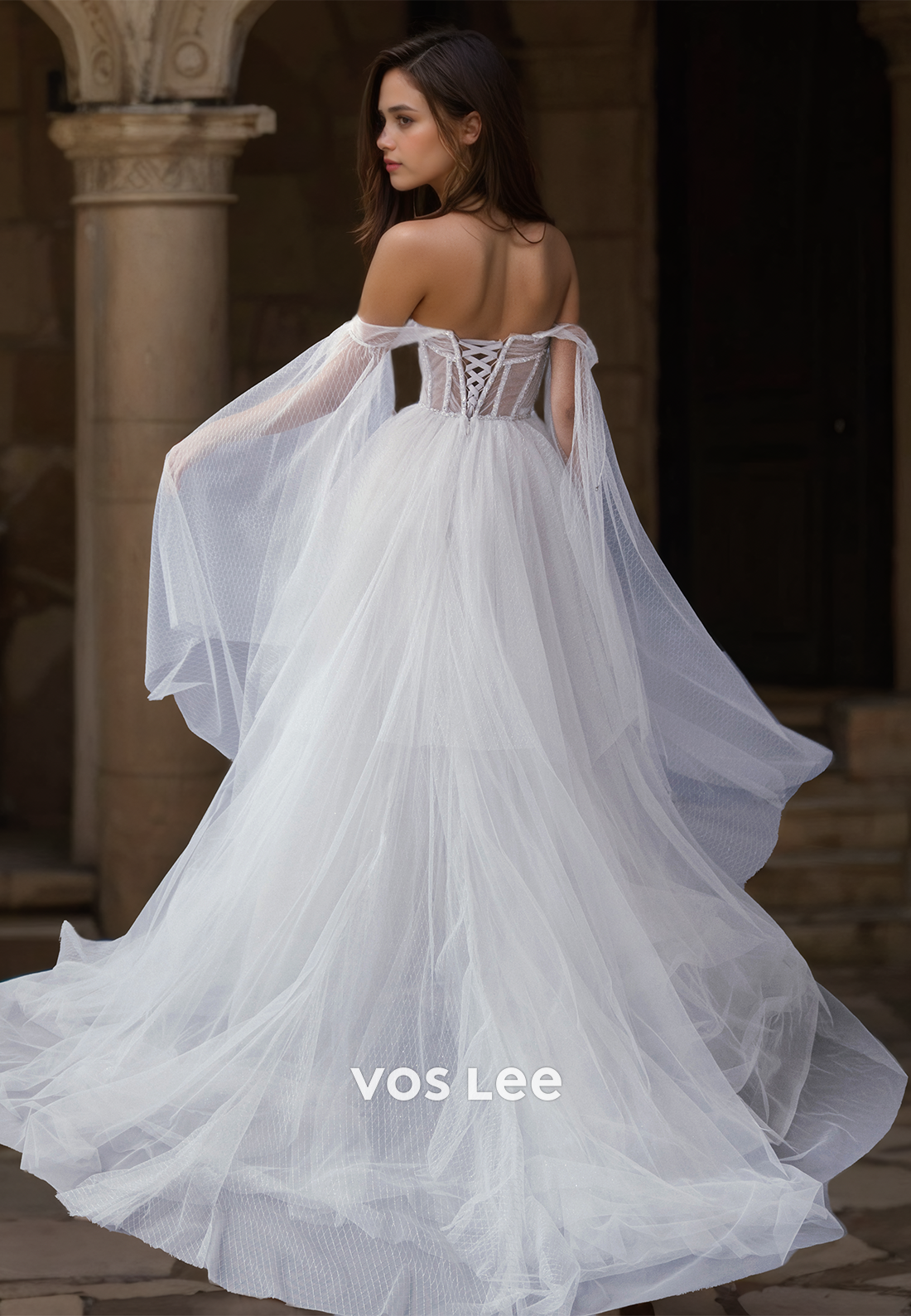 Graceful A-Line Off Shoulder Tulle Ruched Lace Up Wedding Dress Glitter