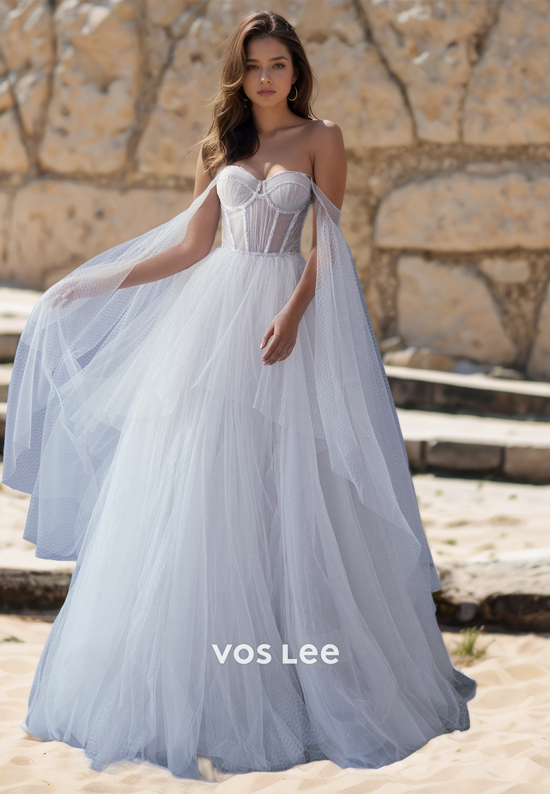Graceful A-Line Off Shoulder Tulle Ruched Lace Up Wedding Dress Glitte VOS LEE Graceful A-Line Off Shoulder Tulle Ruched Lace Up Wedding Dress Glitte VOS LEE