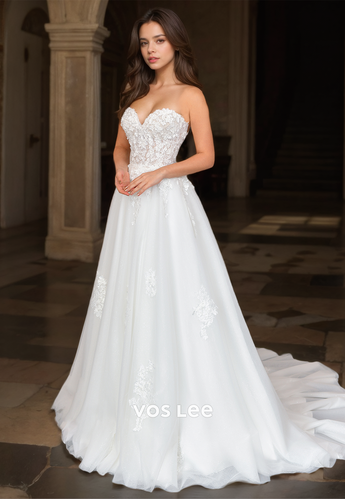 Ornate A-Line Lace Appliques V-Neck Tube Top Tulle Wedding Dress VOS LEE Ornate A-Line Lace Appliques V-Neck Tube Top Tulle Wedding Dress VOS LEE