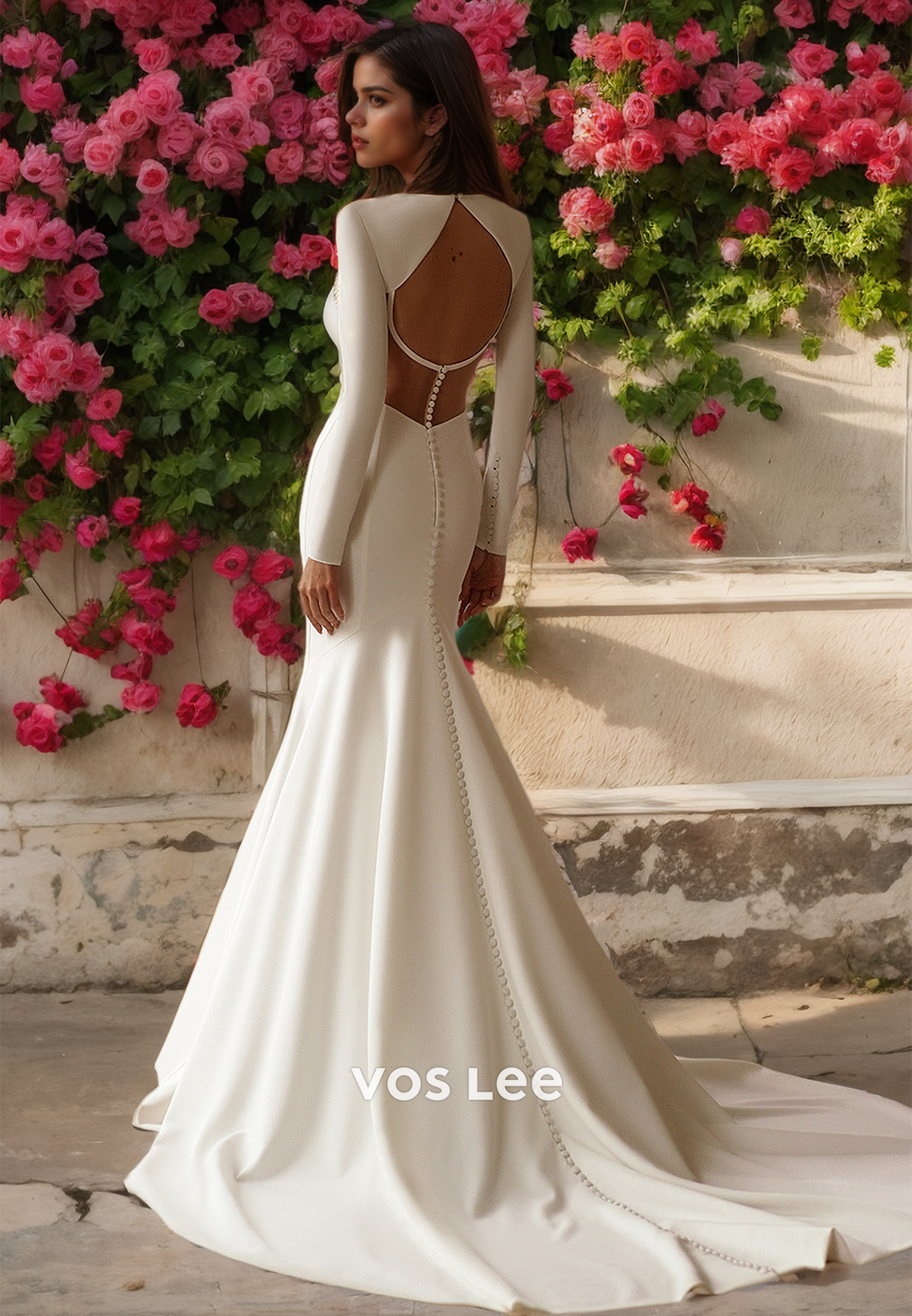 Sexy Column V Neck Long Sleeves Backless Ruched Sweep Train Satin Wedding Bride Dress