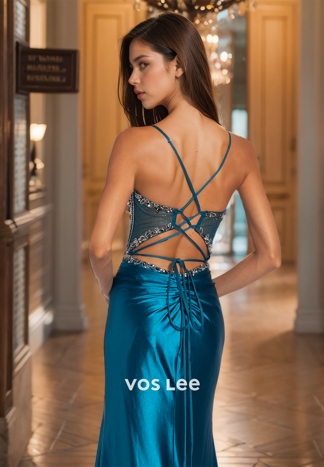 Graceful Sheath V Neck Spaghetti Straps Lace Up Beaded Sequins Satin Prom Party Dress with Split