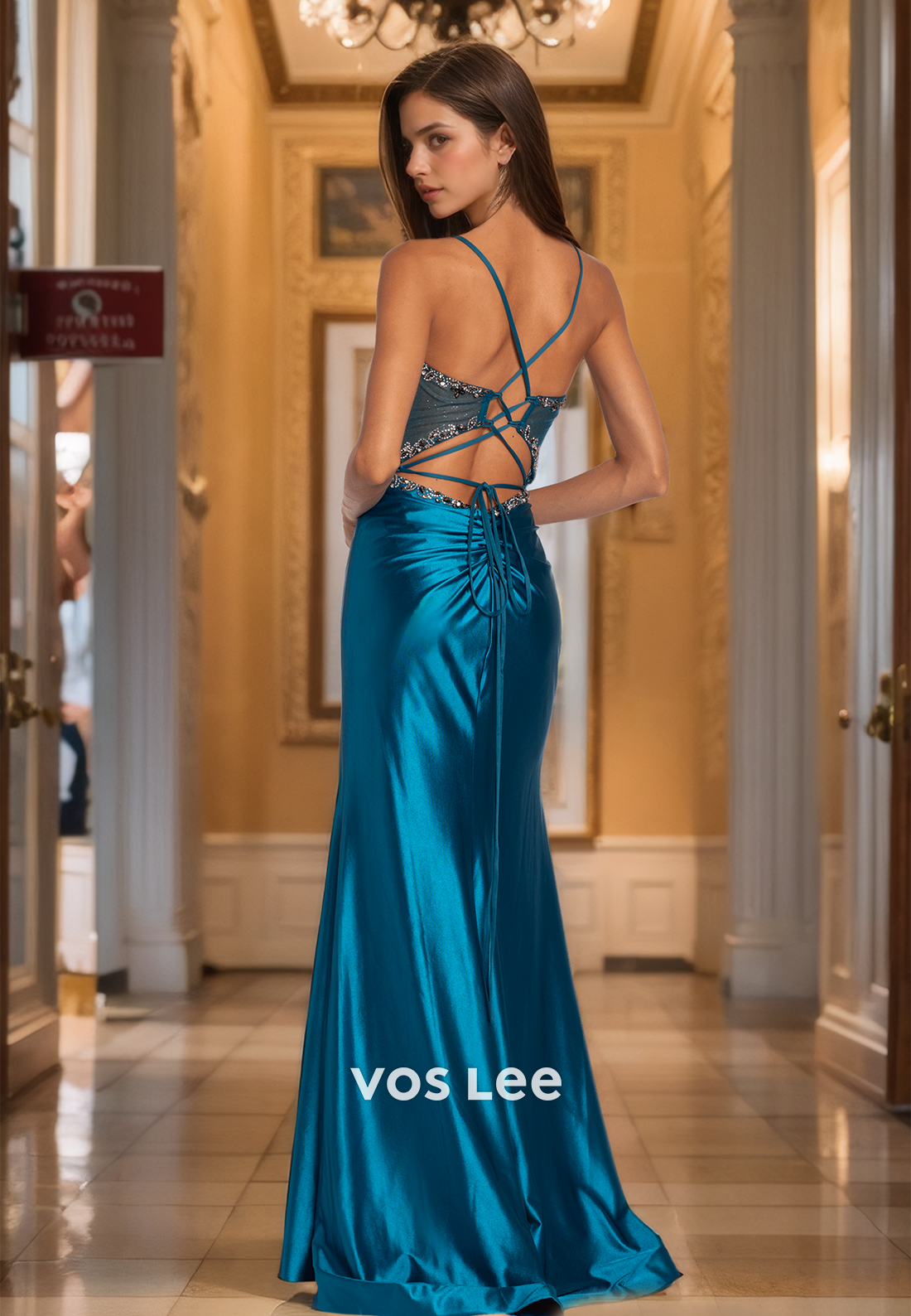 Graceful Sheath V Neck Spaghetti Straps Lace Up Beaded Sequins Satin Prom Party Dress with Split