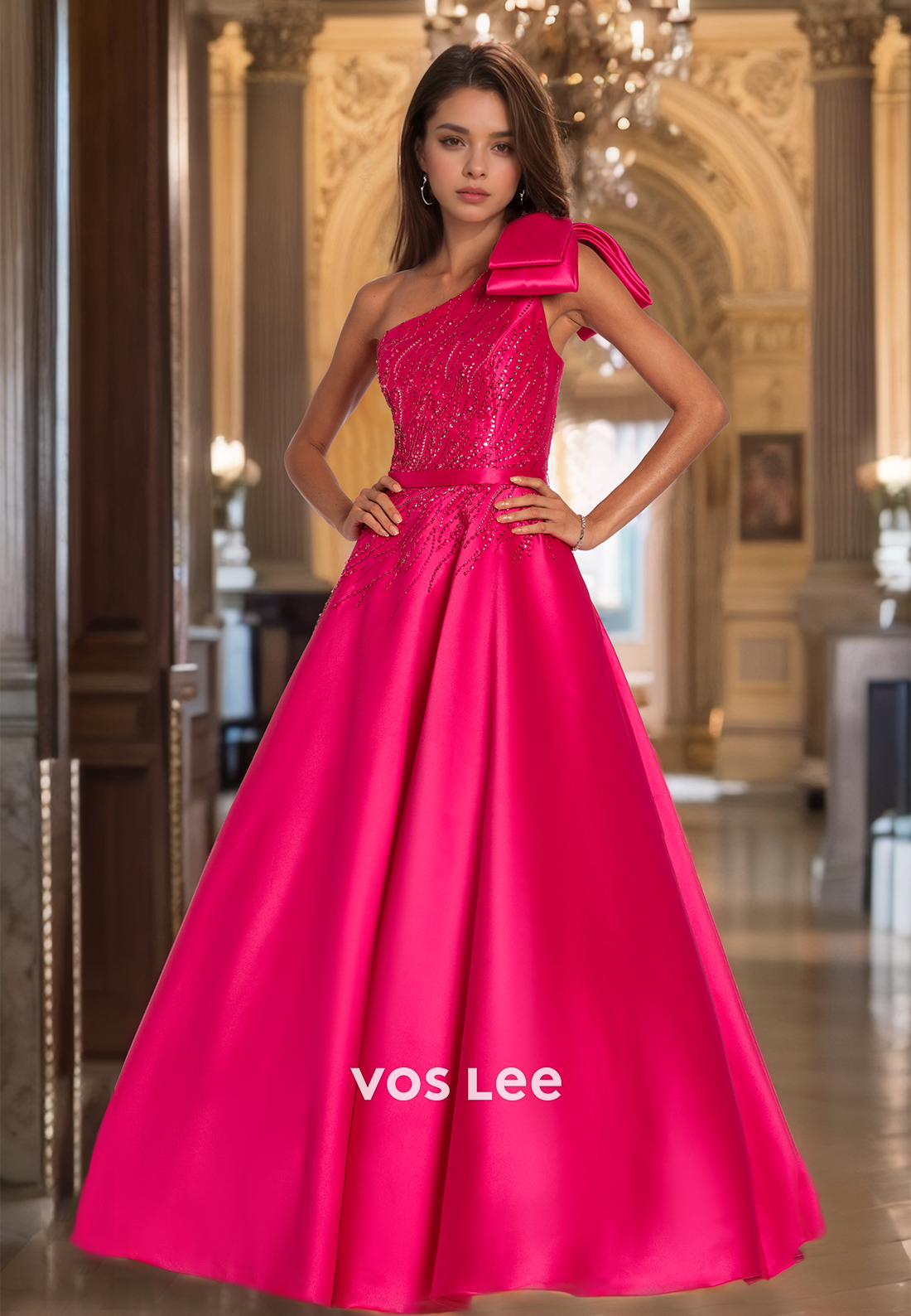 Unique A-line One Shoulder Bow Back Zipper Sequins Pleated Sleeveless Satin Prom Formal Dress