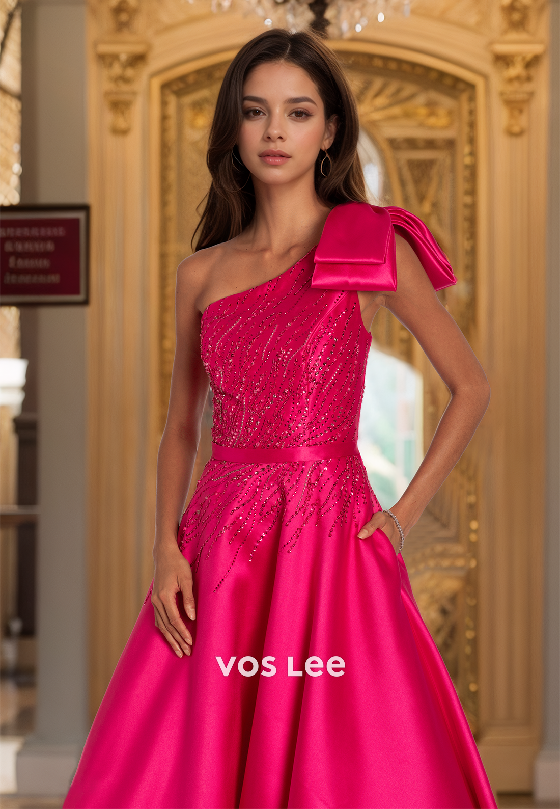 Unique A-line One Shoulder Bow Back Zipper Sequins Pleated Sleeveless Satin Prom Formal Dress